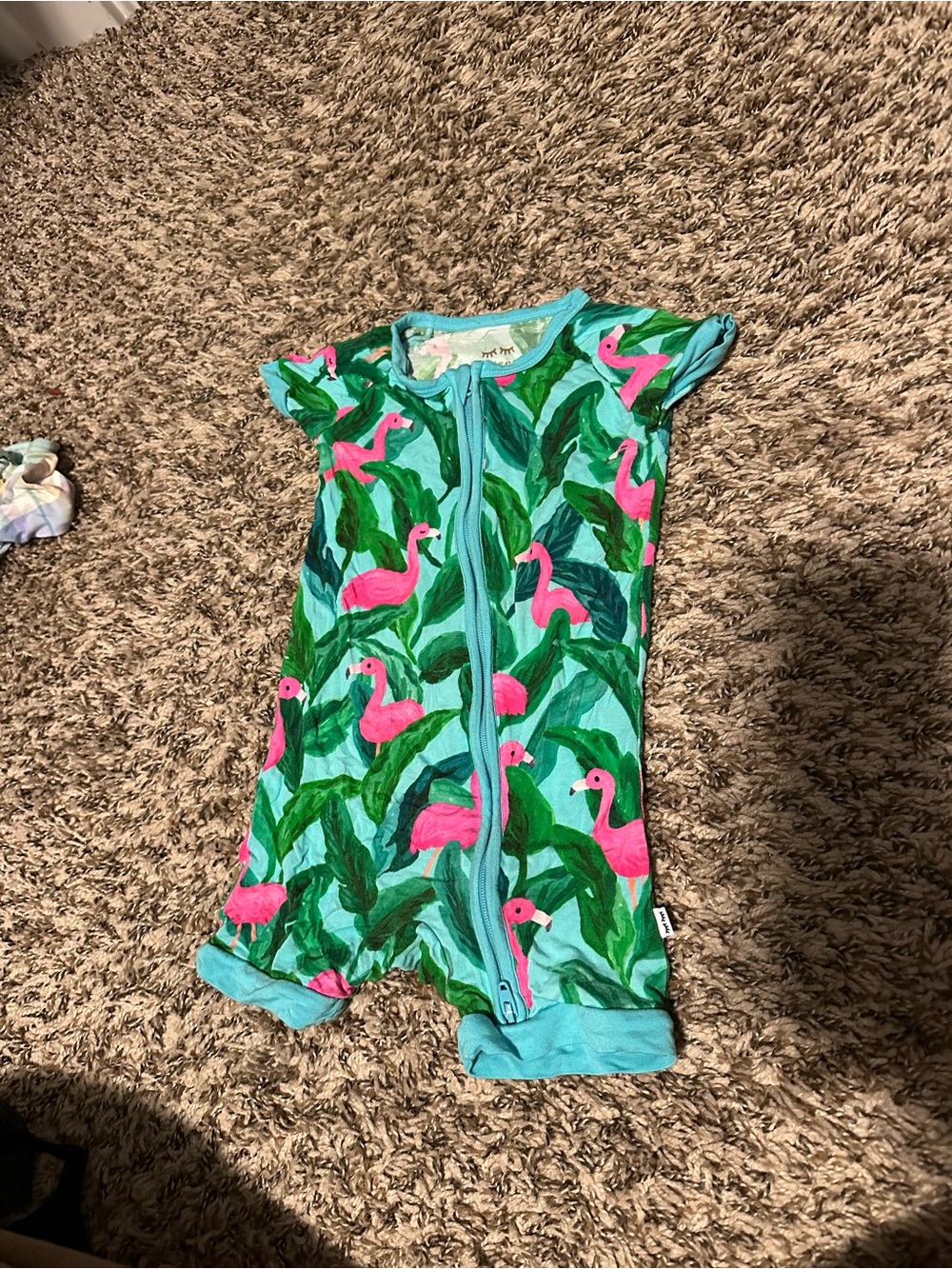 Little Sleepies Turquoise Romper with Pink Flamingo & Green Leaf Print